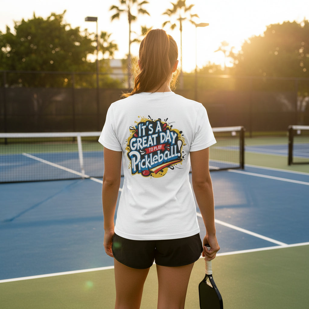 A woman playing pickleball on a court wearing a t-shirt that says It's A Great Day To Play Pickleball! with palm trees in the background.