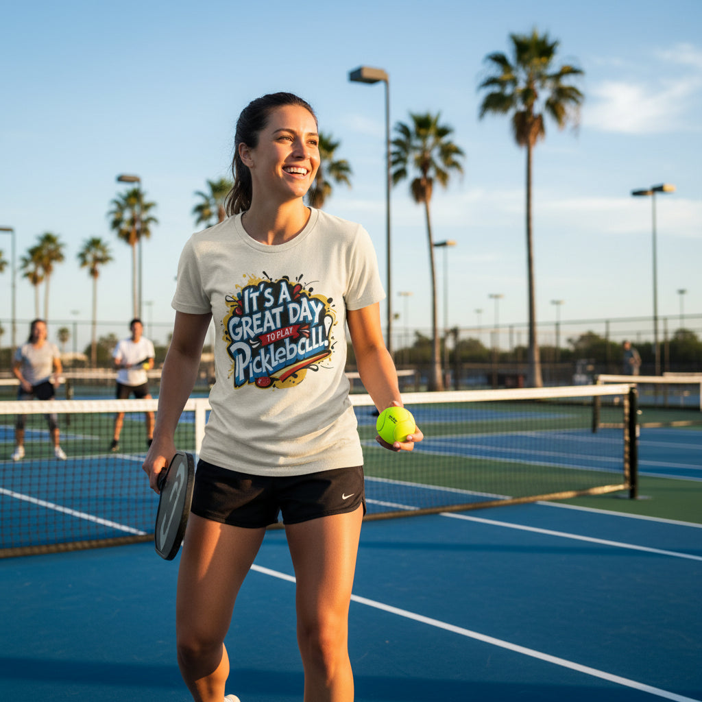 A woman playing pickleball on a court wearing a t-shirt that says It's A Great Day To Play Pickleball! with palm trees in the background.