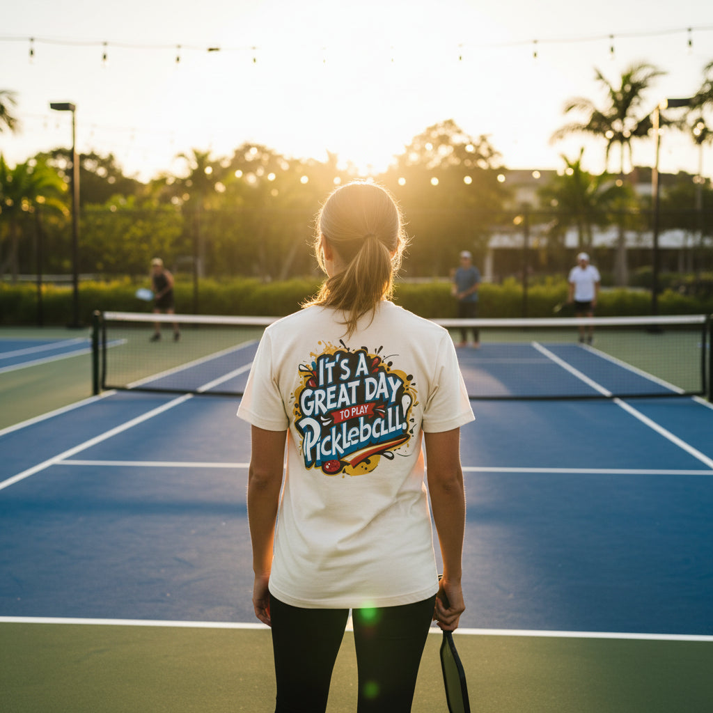 Beige t-shirt with a colorful 'It's a Great Day to Play Pickleball!' text design on a pickleball court.