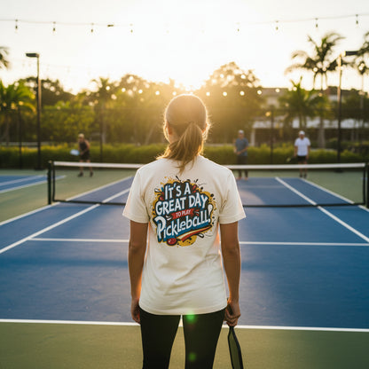 Beige t-shirt with a colorful 'It's a Great Day to Play Pickleball!' text design on a pickleball court.