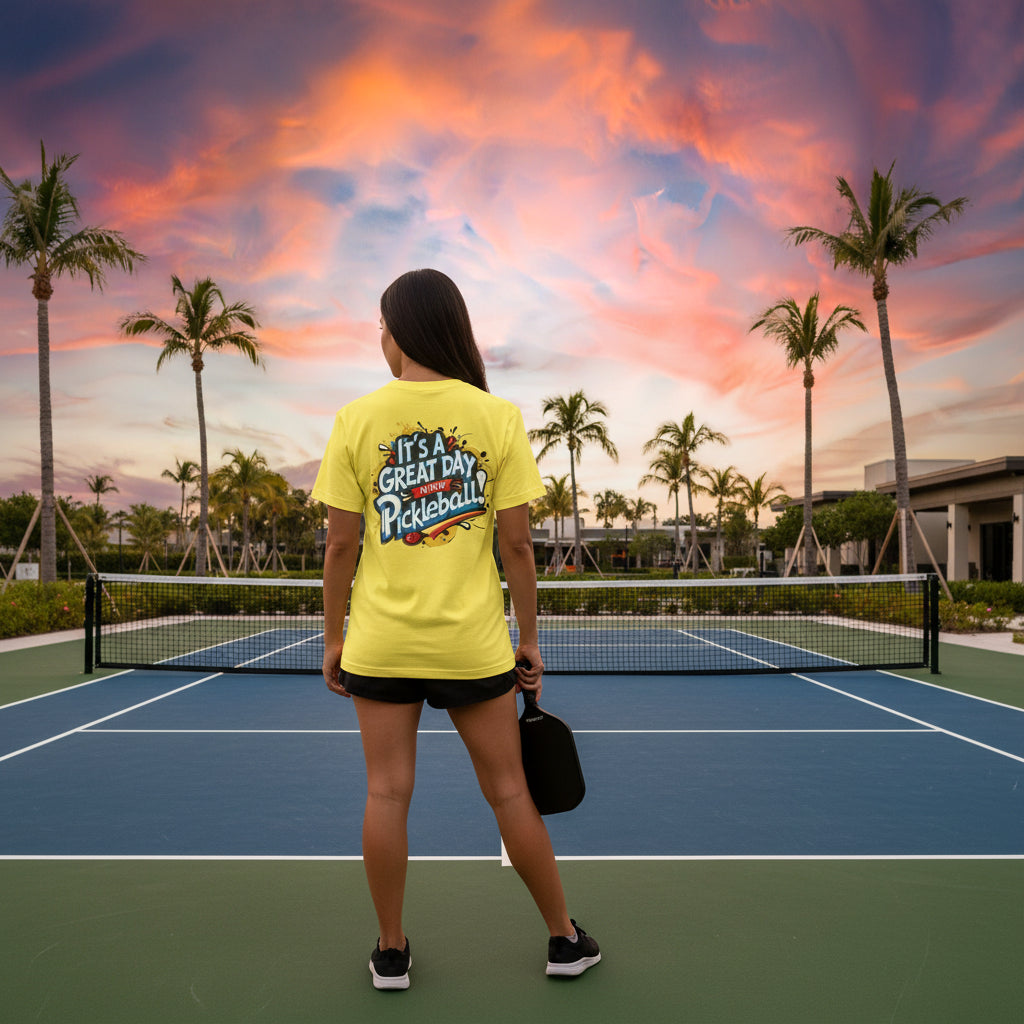 A woman playing pickleball on a court wearing a yellow t-shirt that says It's A Great Day To Play Pickleball! with palm trees in the background.