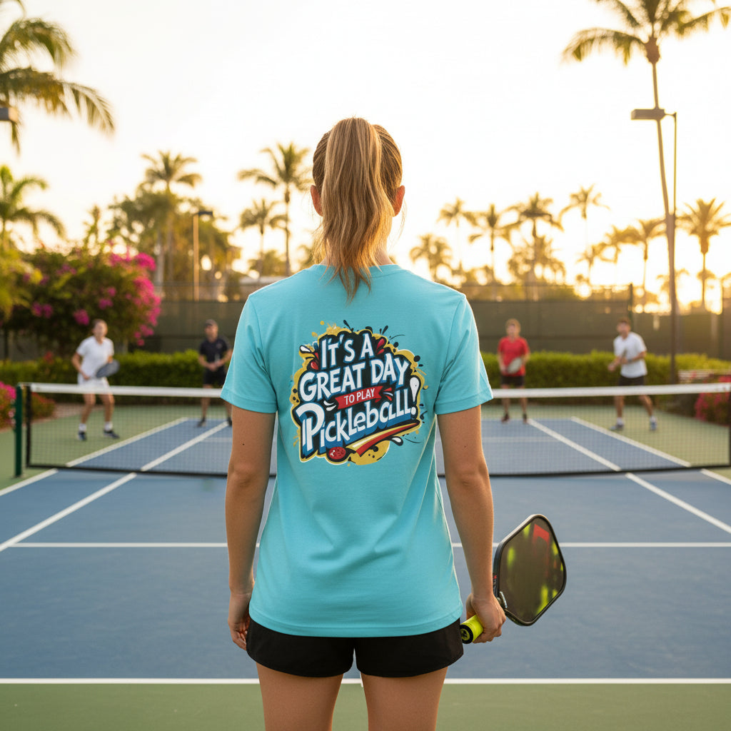 A woman on a pickleball court wearing a turquoise-colored t-shirt featuring an 'It's a Great Day To Play Pickleball!' text design.