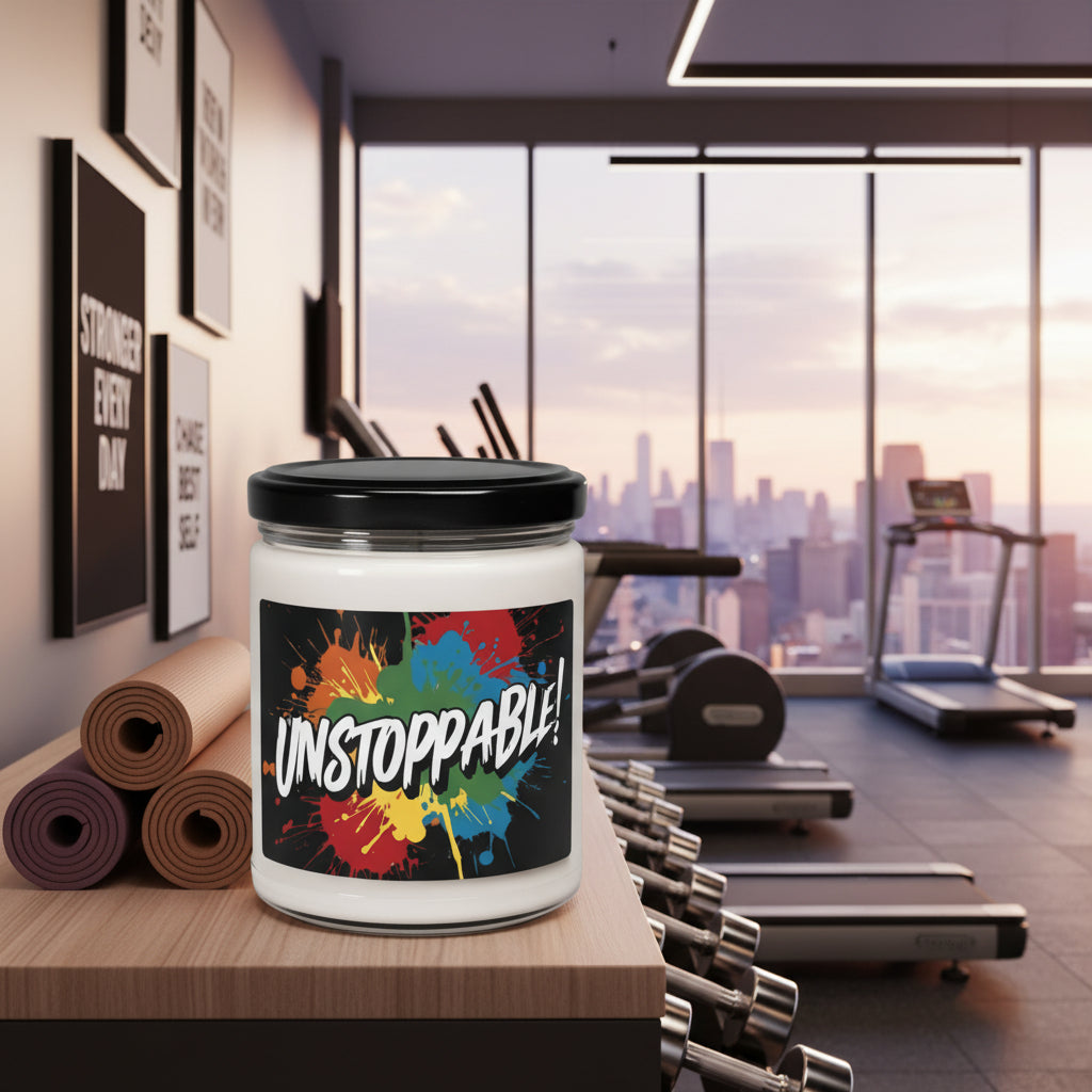 A candle jar labeled 'Unstoppable!' in a gym setting with a cityscape view.