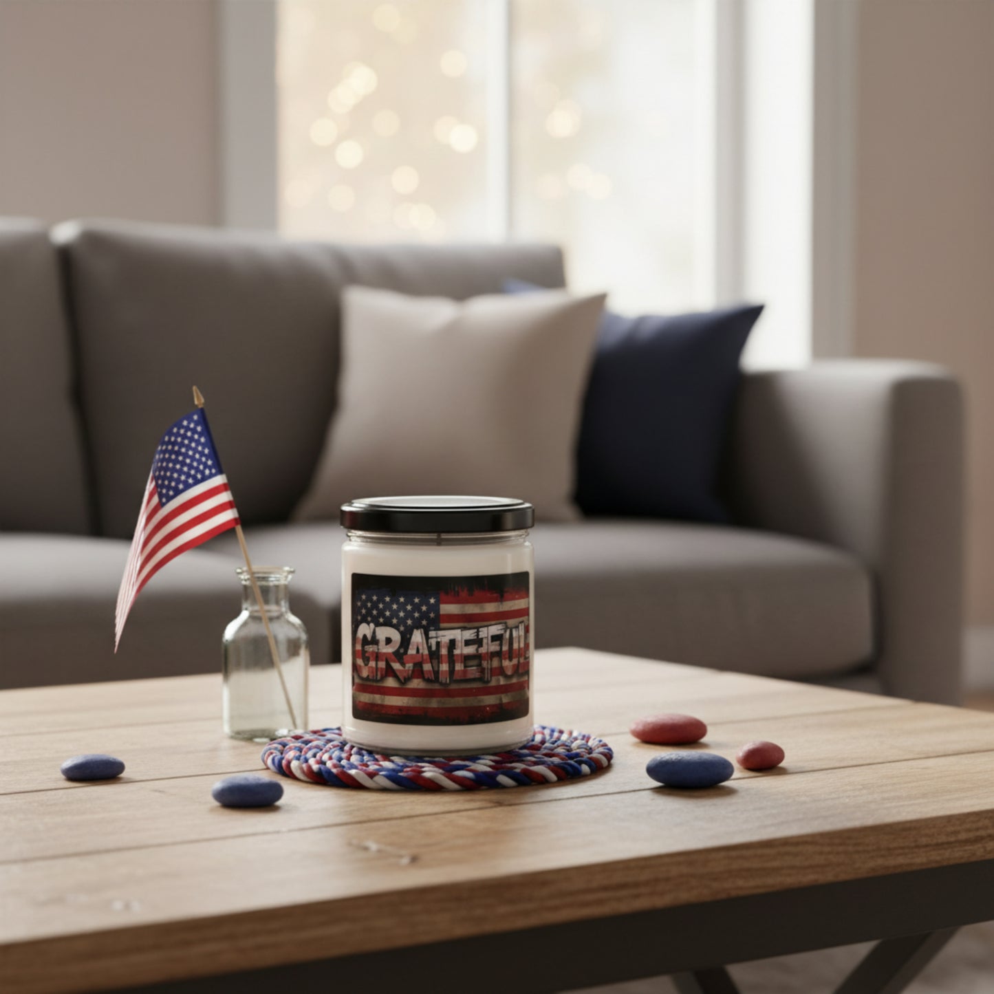 Scented 9oz Soy Candles - Patriotic Grateful Print -  American Flag Backdrop - Red White & Blue Design