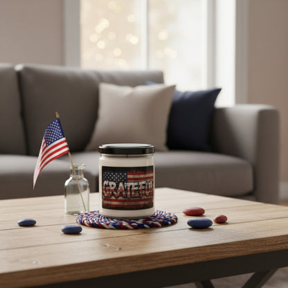 Scented 9oz Soy Candles - Patriotic Grateful Print -  American Flag Backdrop - Red White & Blue Design