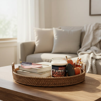 Scented 9oz Soy Candles - Patriotic Grateful Print -  American Flag Backdrop - Red White & Blue Design