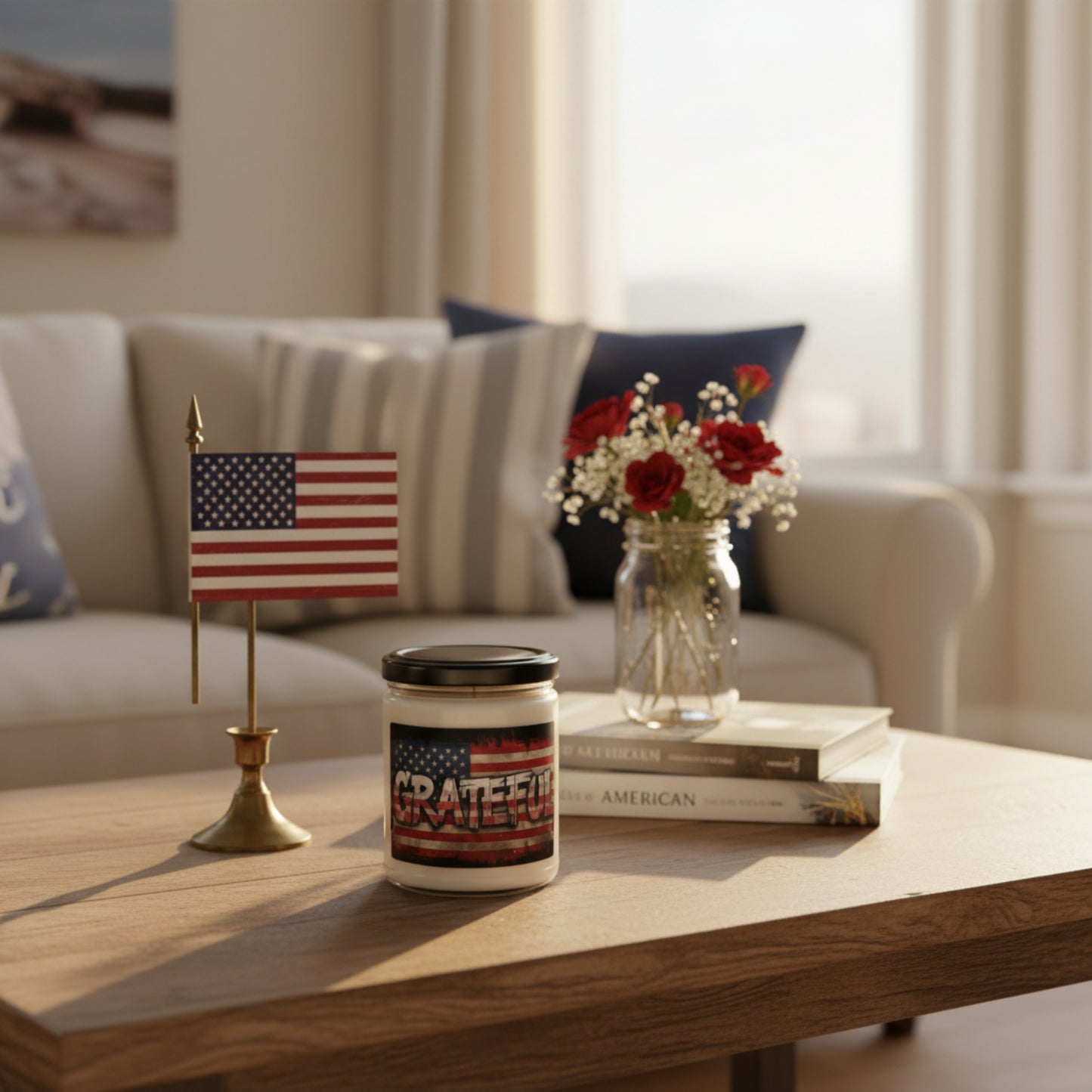Scented 9oz Soy Candles - Patriotic Grateful Print -  American Flag Backdrop - Red White & Blue Design