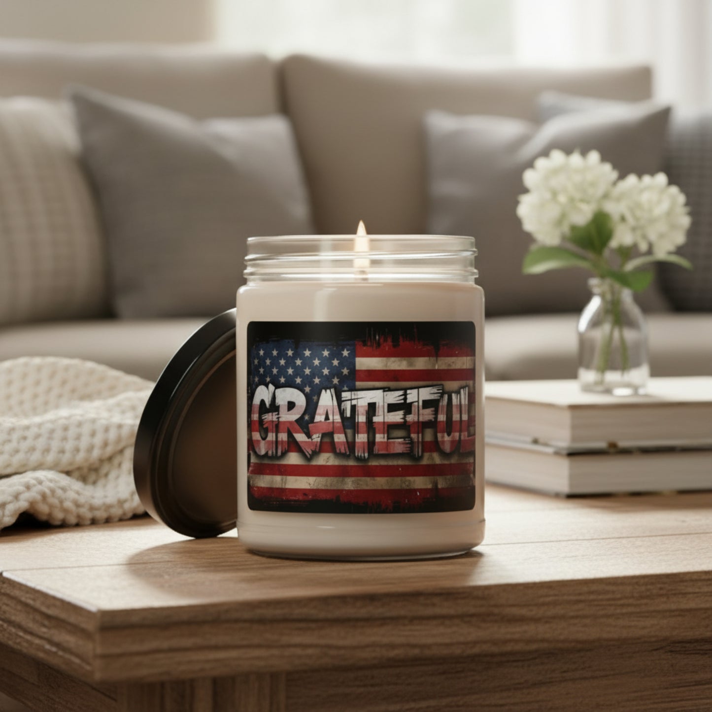 Scented 9oz Soy Candles - Patriotic Grateful Print -  American Flag Backdrop - Red White & Blue Design