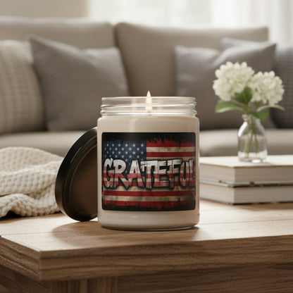 Scented 9oz Soy Candles - Patriotic Grateful Print -  American Flag Backdrop - Red White & Blue Design