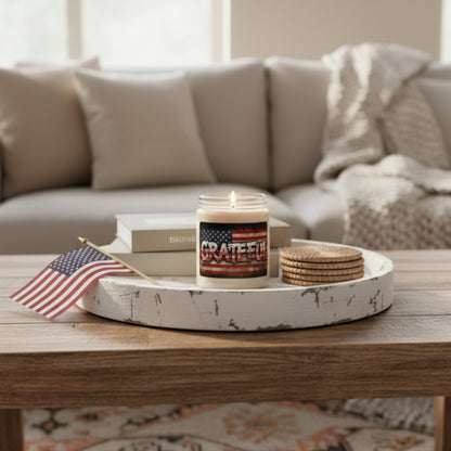 Scented 9oz Soy Candles - Patriotic Grateful Print -  American Flag Backdrop - Red White & Blue Design