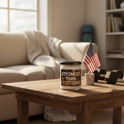 Scented Soy 9oz Candles - Stronger Than Yesterday Print - Vintage American Flag Background - Red White & Blue