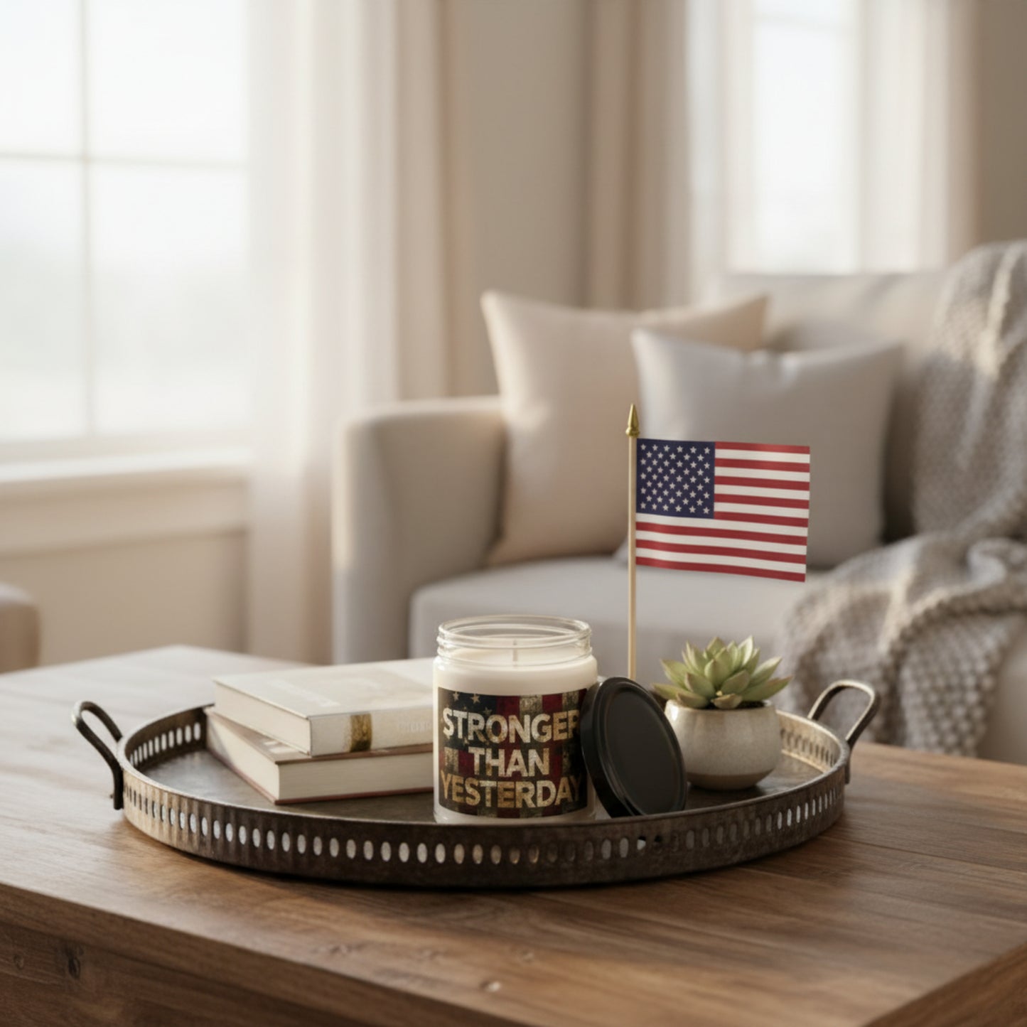Scented Soy 9oz Candles - Stronger Than Yesterday Print - Vintage American Flag Background - Red White & Blue
