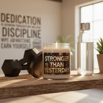 Scented Soy 9oz Candles - Stronger Than Yesterday Print - Vintage American Flag Background - Red White & Blue