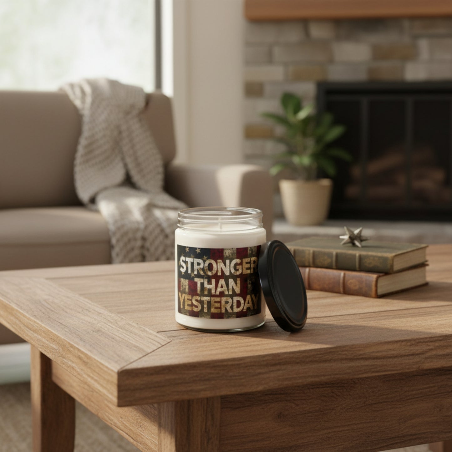 Scented Soy 9oz Candles - Stronger Than Yesterday Print - Vintage American Flag Background - Red White & Blue