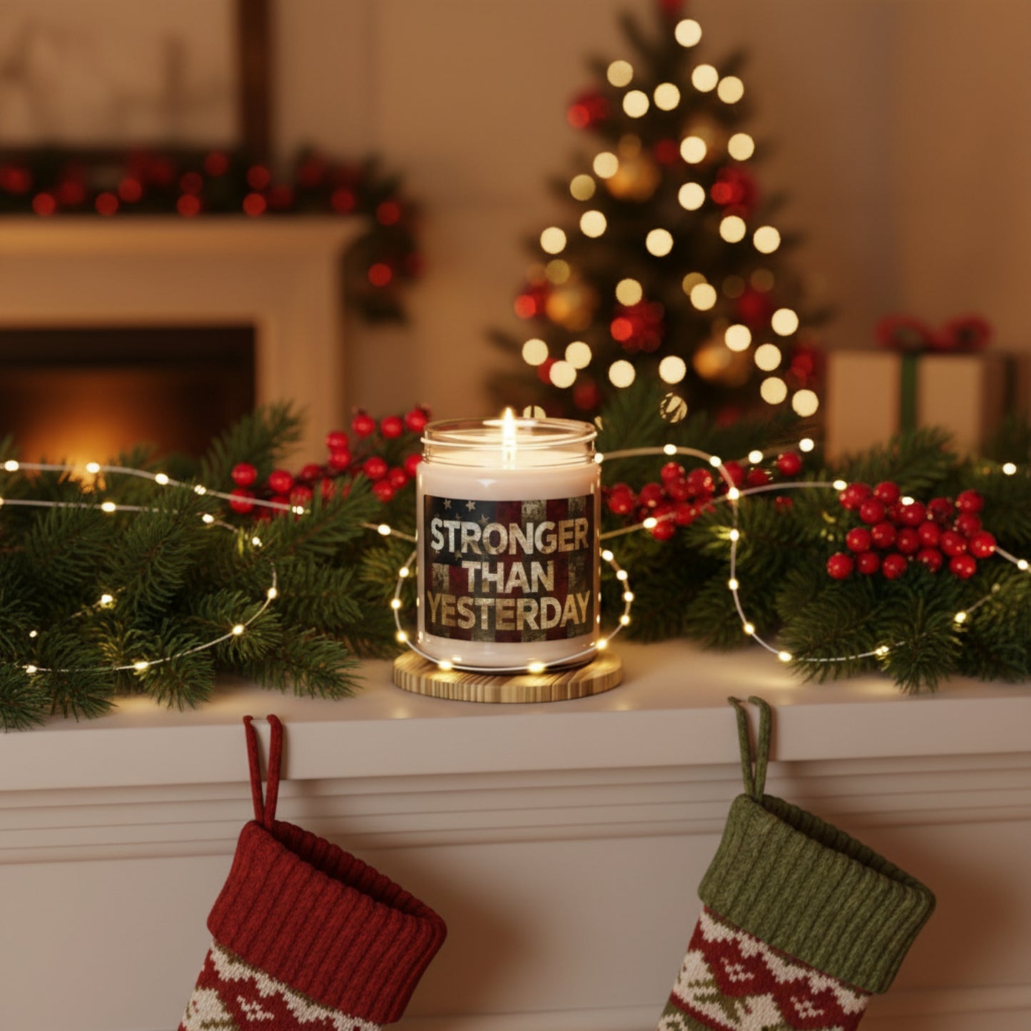 Scented Soy 9oz Candles - Stronger Than Yesterday Print - Vintage American Flag Background - Red White & Blue