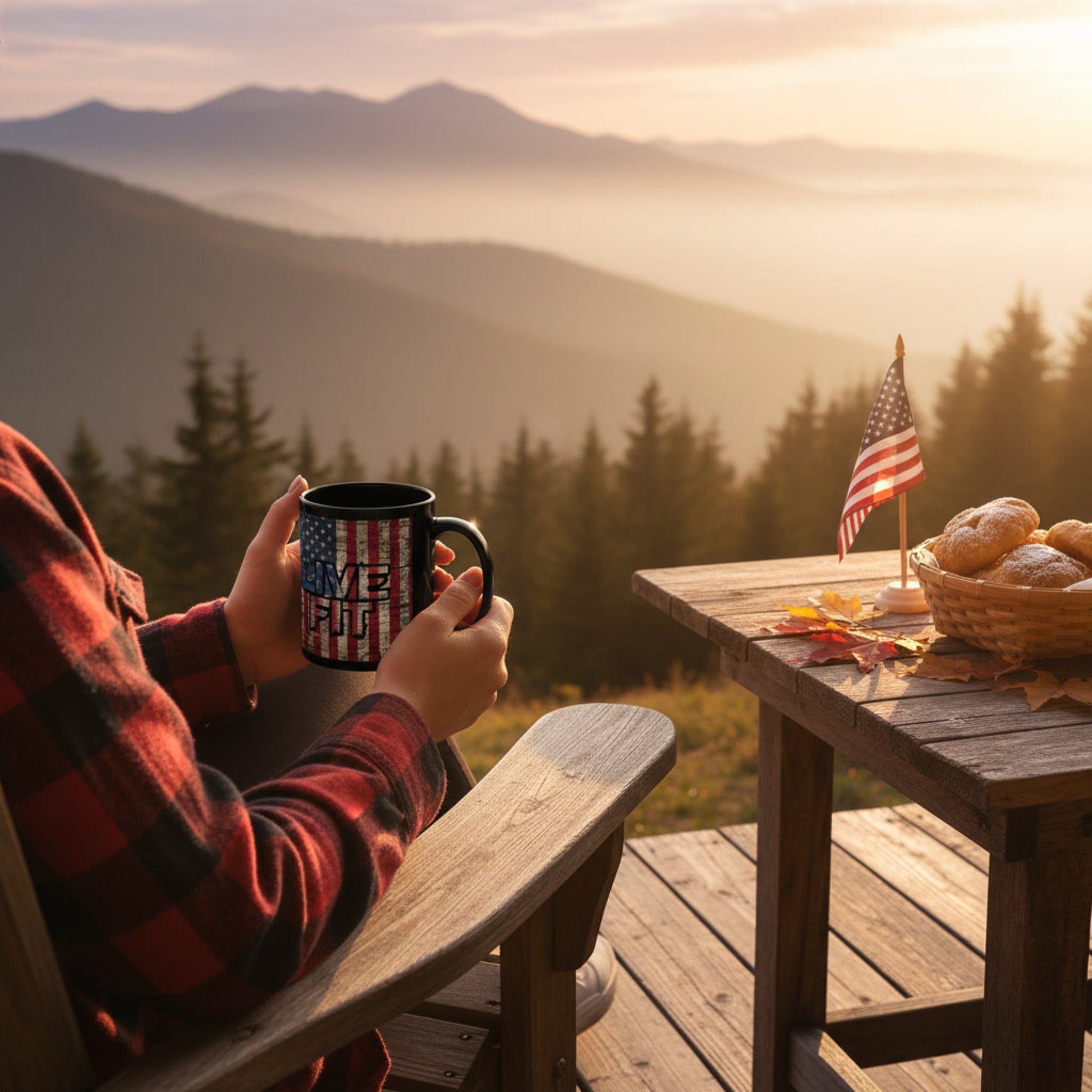 Person holding a mug with a scenic view of mountains and trees.