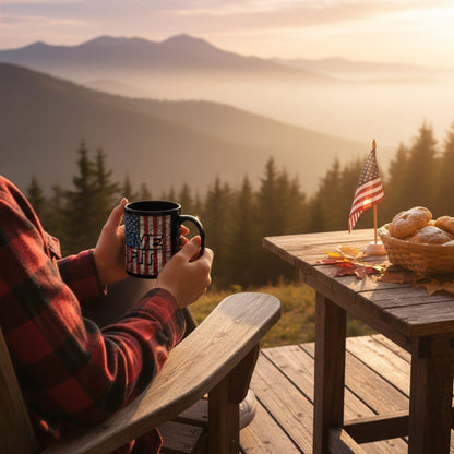 Person holding a mug with a scenic view of mountains and trees.