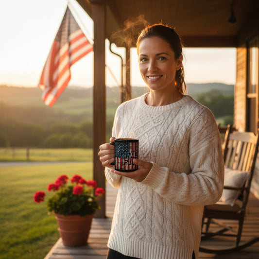 Sleek - Ceramic Black Mug - LIVE FIT - Vintage American Flag Backdrop Design - Gift for Patriots and Coffee Lovers - 11oz - 15oz -