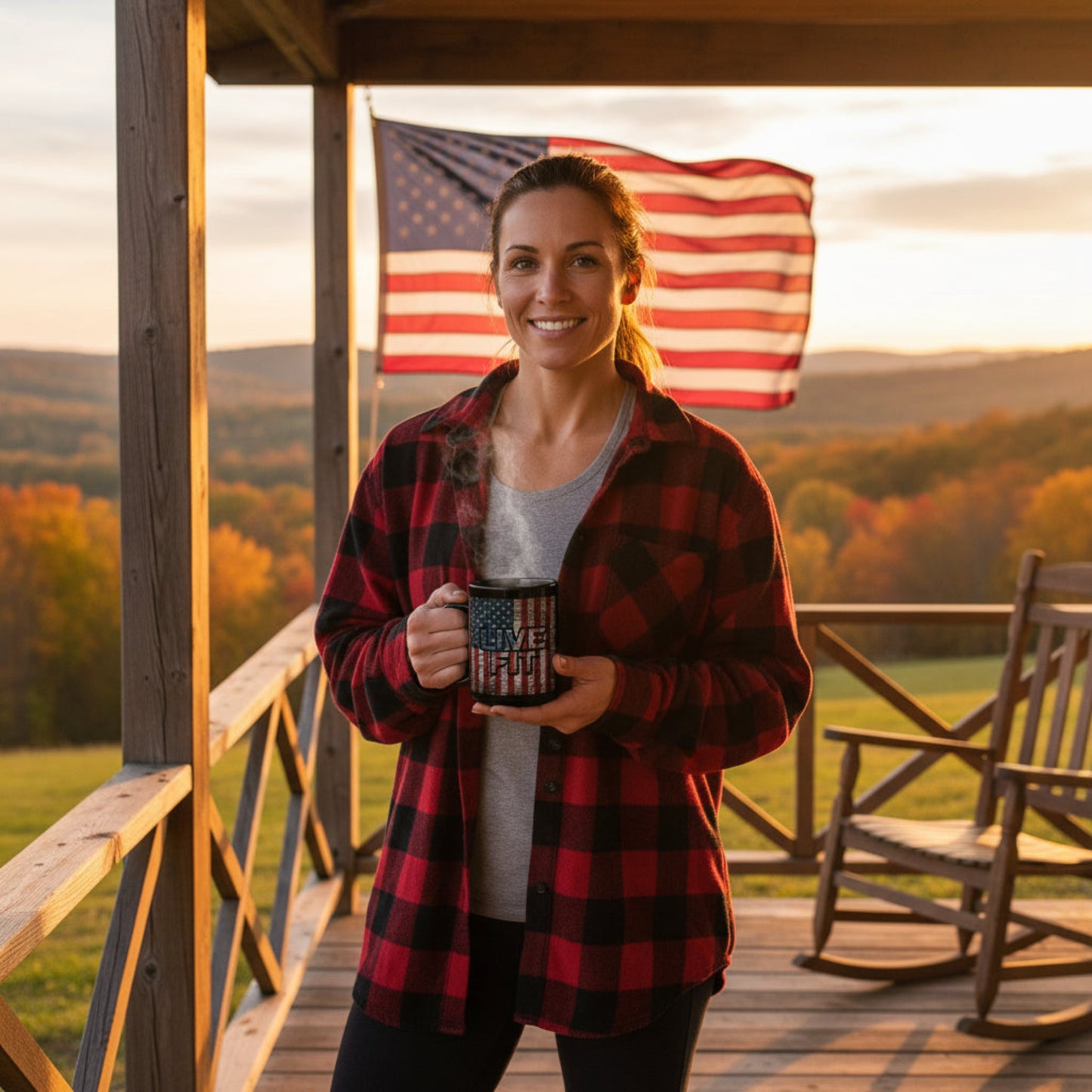 Woman holding a mug with an American flag in the background on a wooden deck.