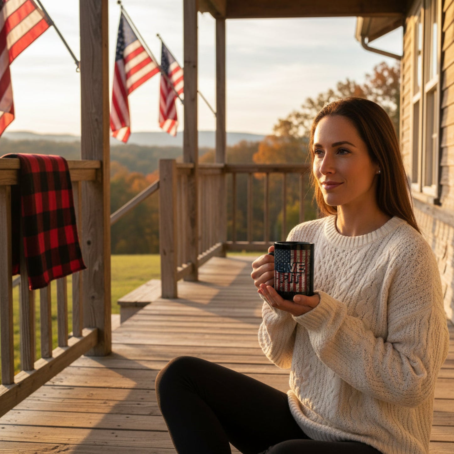 Woman holding a mug with an American flag design on a wooden deck with American flags in the background.