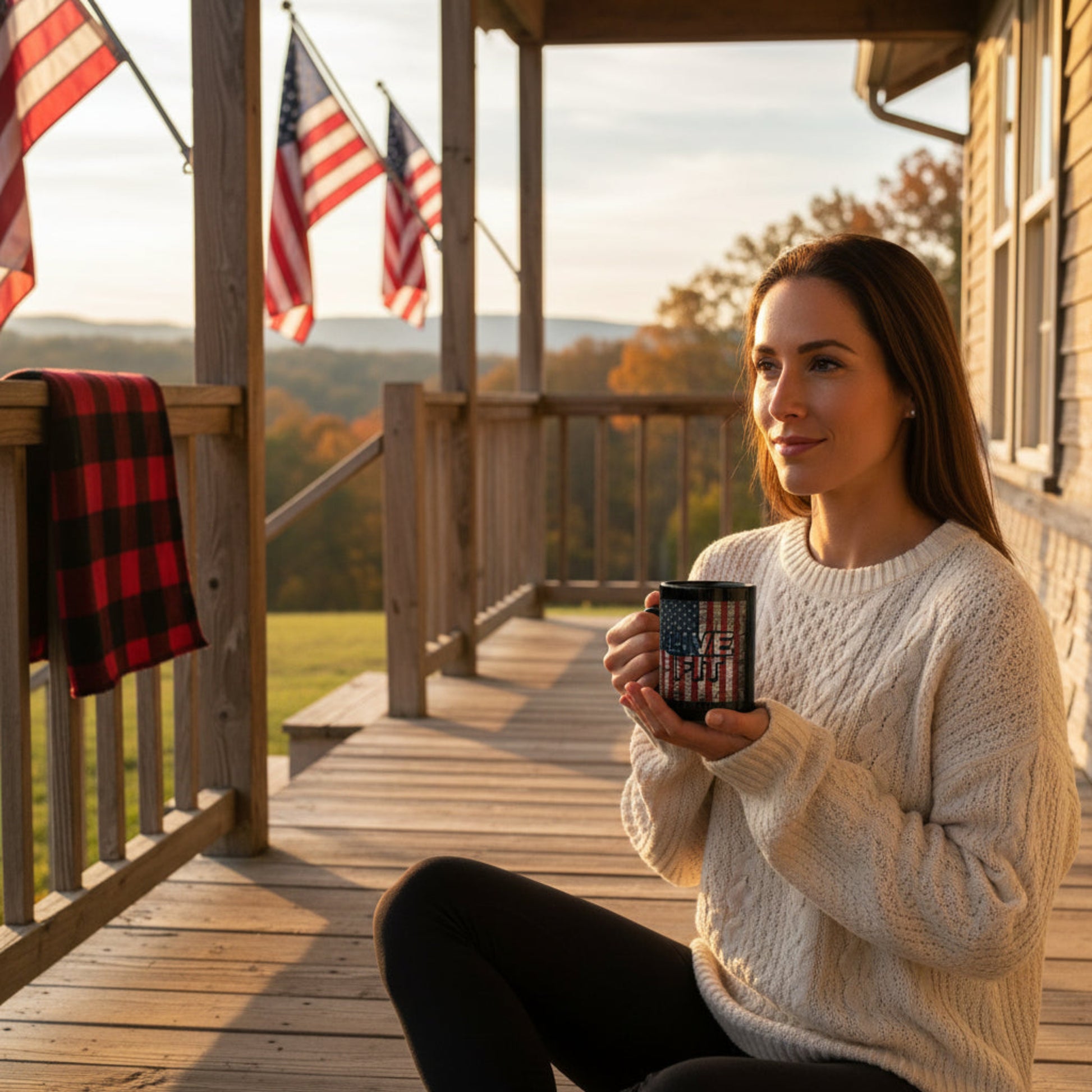 Woman holding a mug with an American flag design on a wooden deck with American flags in the background.