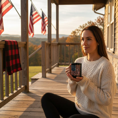 Woman holding a mug with an American flag design on a wooden deck with American flags in the background.