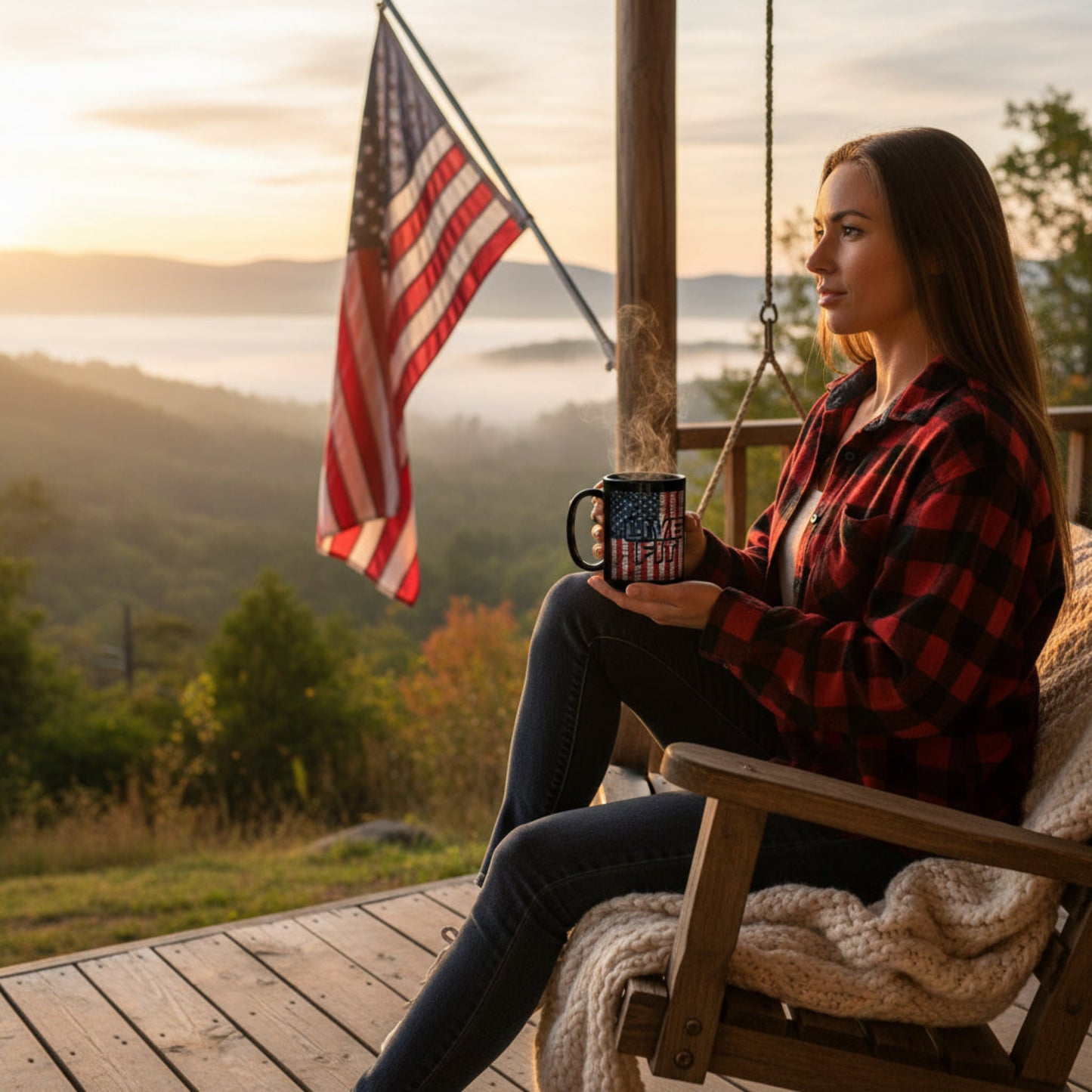 Woman sitting on a wooden swing with an American flag, holding a mug, and looking out over a scenic landscape.