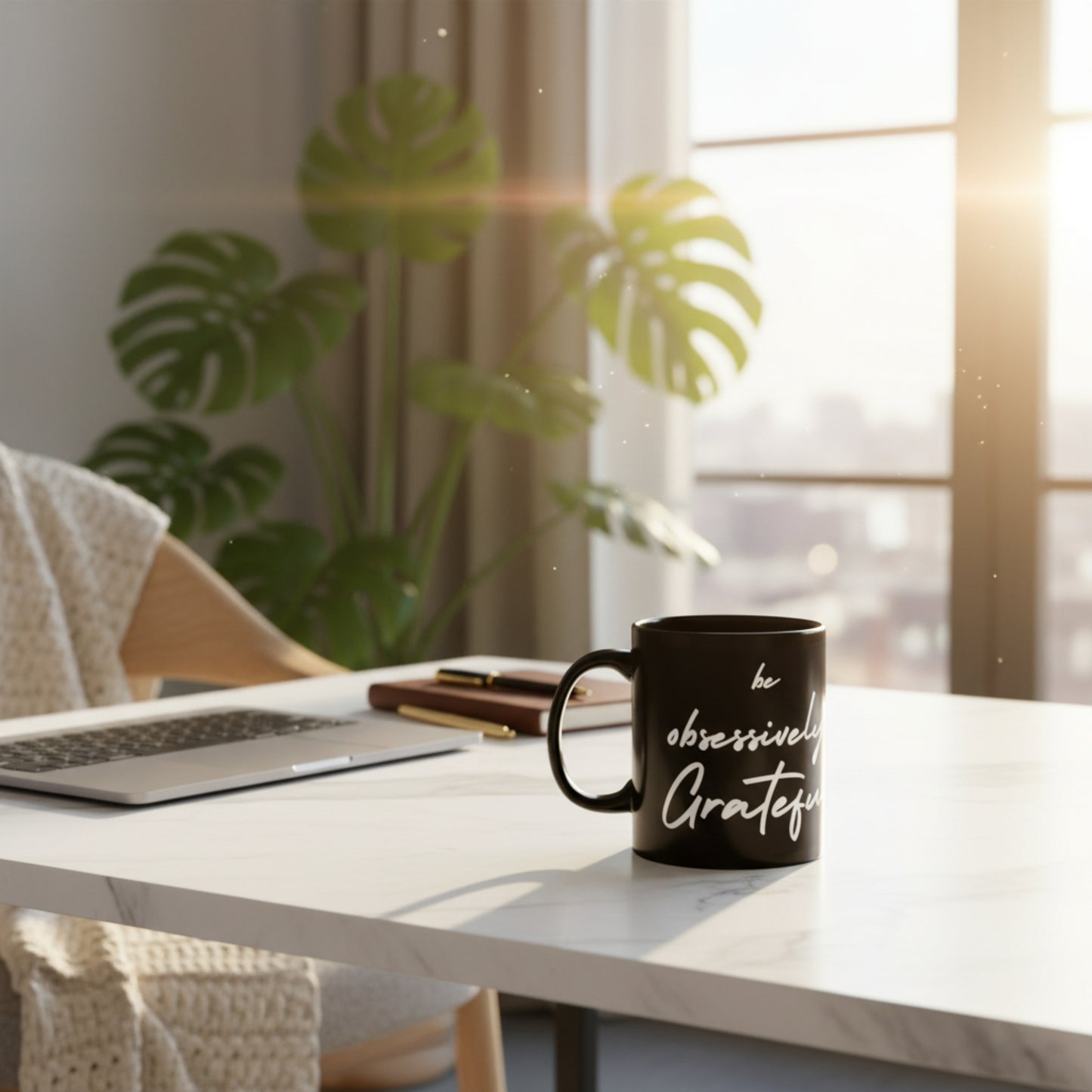 Sleek Be Obsessively Grateful White Print Black Mug - Inspirational Coffee Cup, Gift for Friends, Motivational Design, Home Decor, Self-Care Reminder