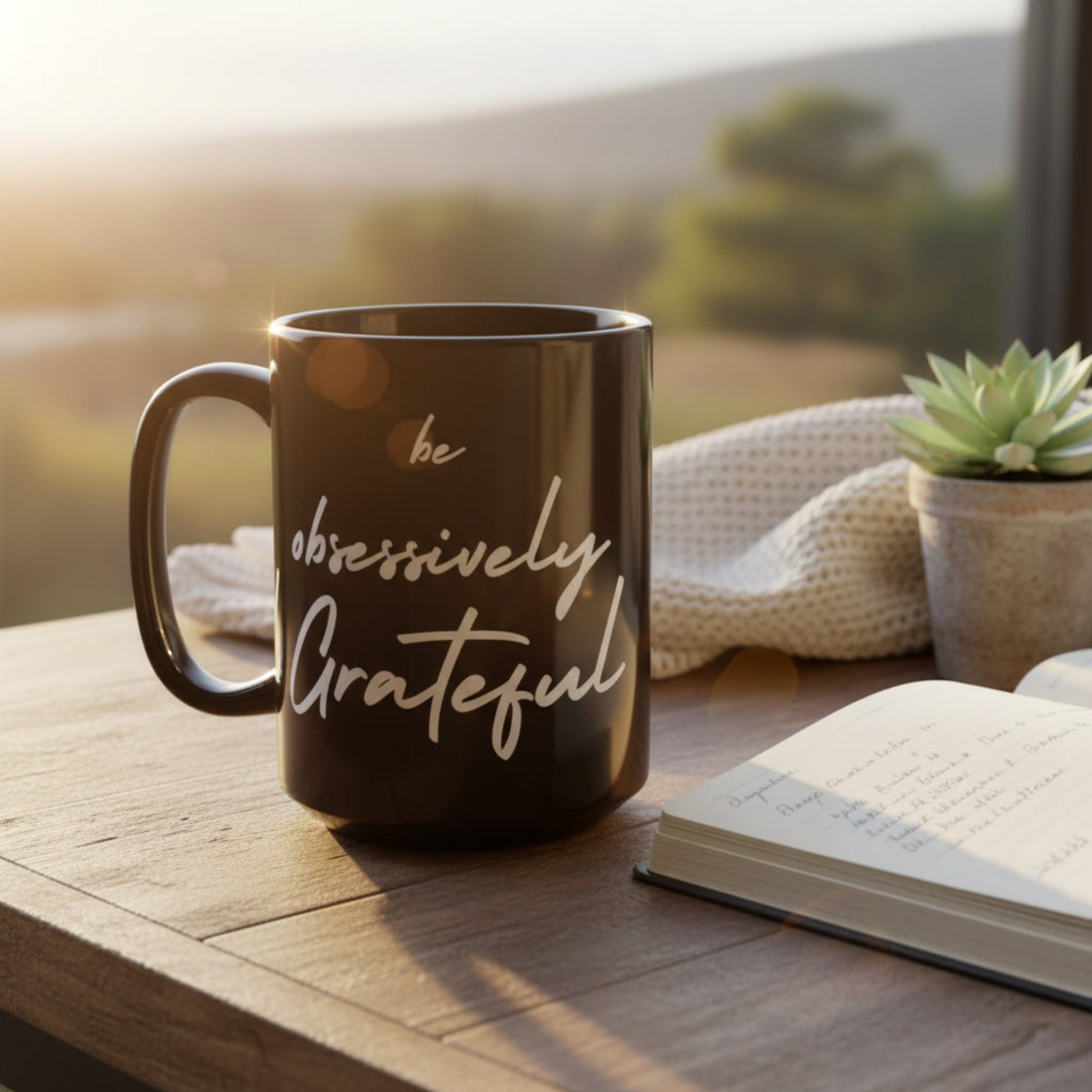 Black mug with 'obsessively grateful' text on a wooden table with a blurred natural background