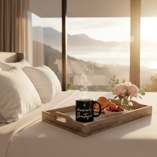 Sleek Be Obsessively Grateful White Print Black Mug - Inspirational Coffee Cup, Gift for Friends, Motivational Design, Home Decor, Self-Care Reminder