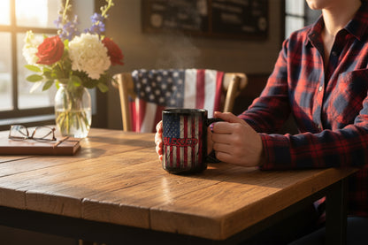 Black coffee mug with vintage American flag backdrop design and 'BLESSED' text.