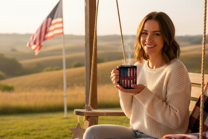 Woman sitting on a swing holding a mug That says BLESSED with a vintage American flag design, American flag in the background.