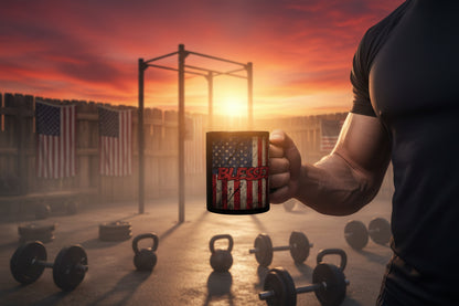 Person holding a mug that says Don’t Wish For It Work For It! with a vintage American flag design in a gym setting during sunset.