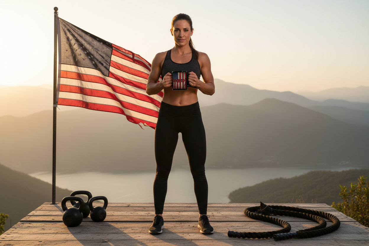 Woman in athletic wear standing on a wooden platform holding a coffee mug that says Don’t Wish For It Work For It! with a vintage American flag background, with an American flag, kettlebells, and battle ropes against a mountainous landscape.