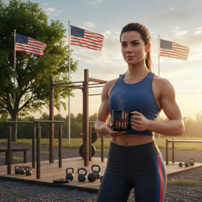 Woman in athletic wear holding a coffee mug that says Don’t Wish For It Work For It! up against a vintage American flag backdrop, with American flags, outdoors with fitness equipment and flags in the background.