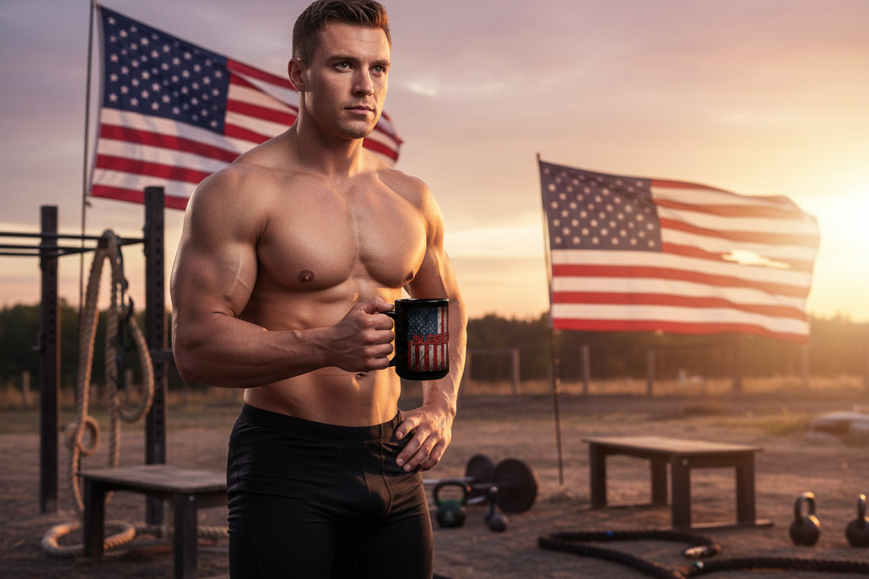 Muscular man holding a mug in front of American flags and outdoor fitness equipment.