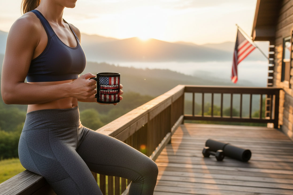 A woman in athletic wear holding a mug that says Stronger Than Yesterday with a vintage American flag backdrop with a scenic view of mountains and sunrise.