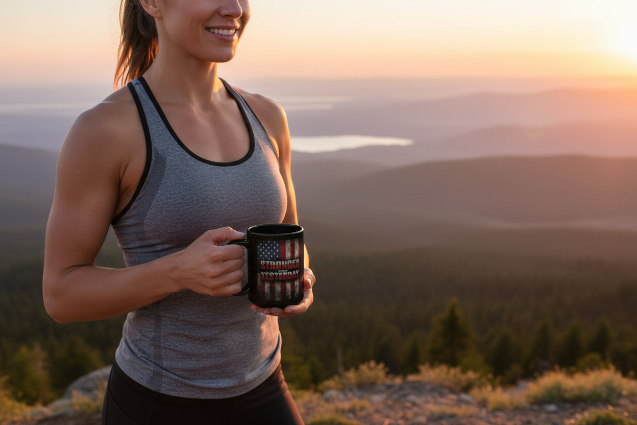 Woman holding a mug that says Stronger Than Yesterday with a scenic mountain view in the background.