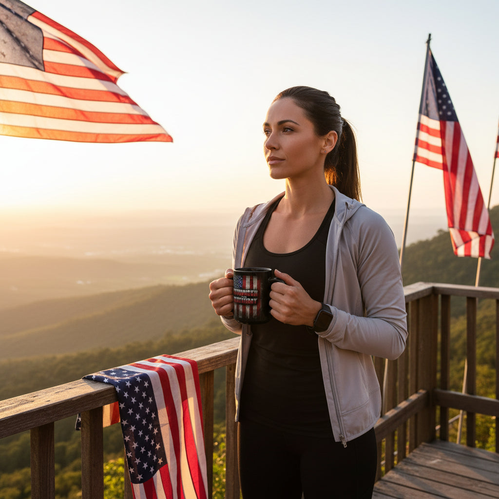 Woman holding a mug that says Stronger Than Yesterday with American flags on a wooden deck overlooking a scenic landscape.