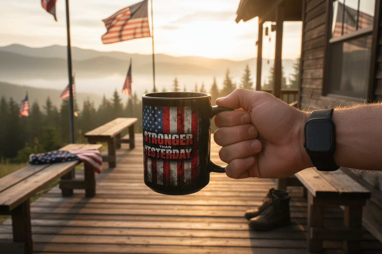 Hand holding a mug with 'Stronger Than Yesterday' text and a vintage American flag design on a wooden deck with a sunset and mountains in the background.