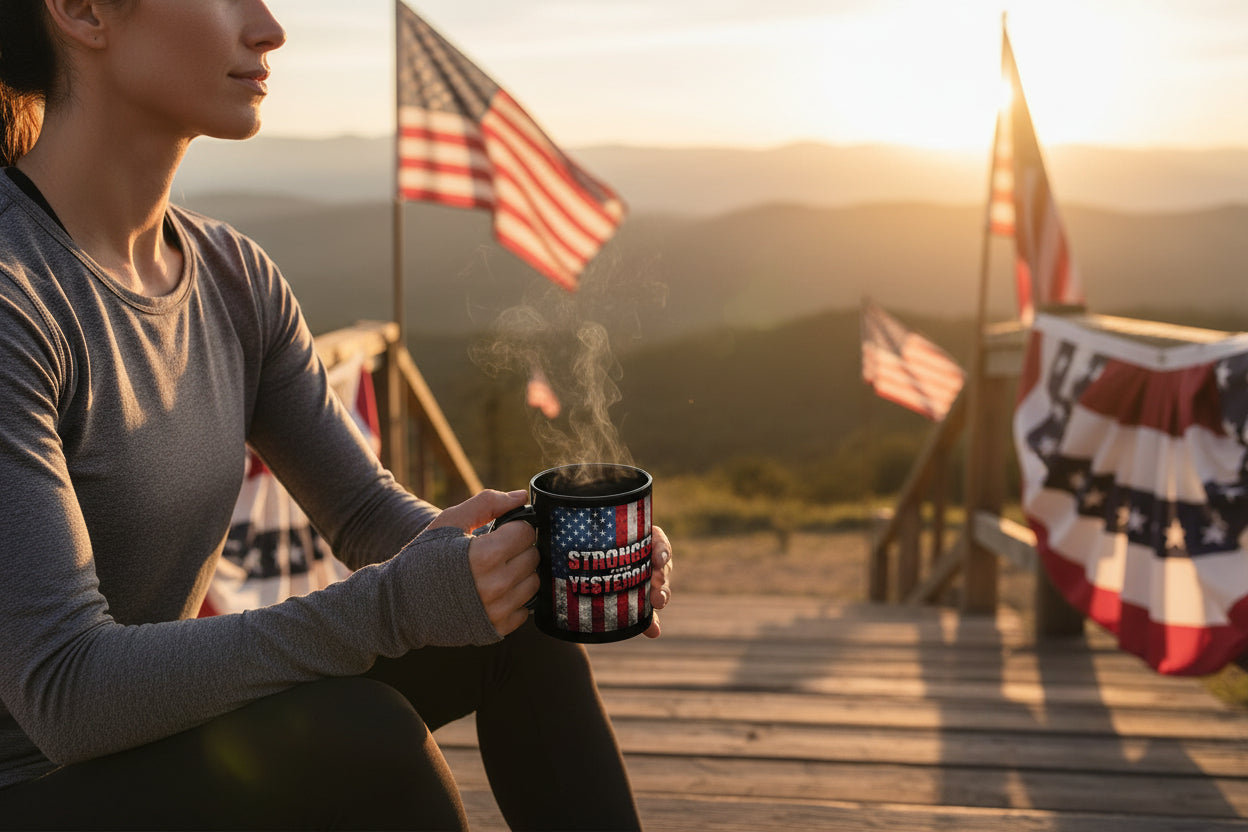 A woman holding a mug that says Stronger Than Yesterday with a vintage American flag design backdrop on a wooden platform with flags in the background.