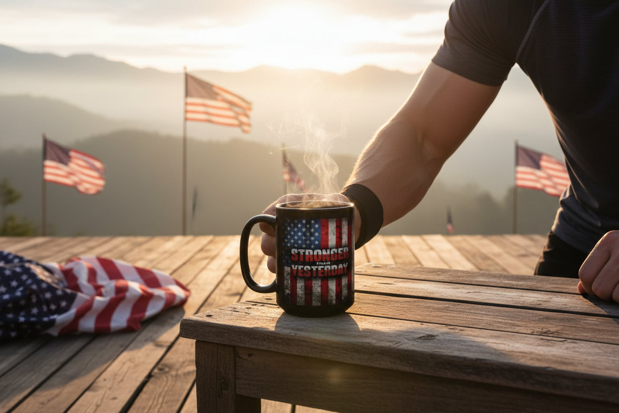 Person holding a mug that says Stronger Than Yesterday with a vintage American flag design on a wooden table with American flags in the background.