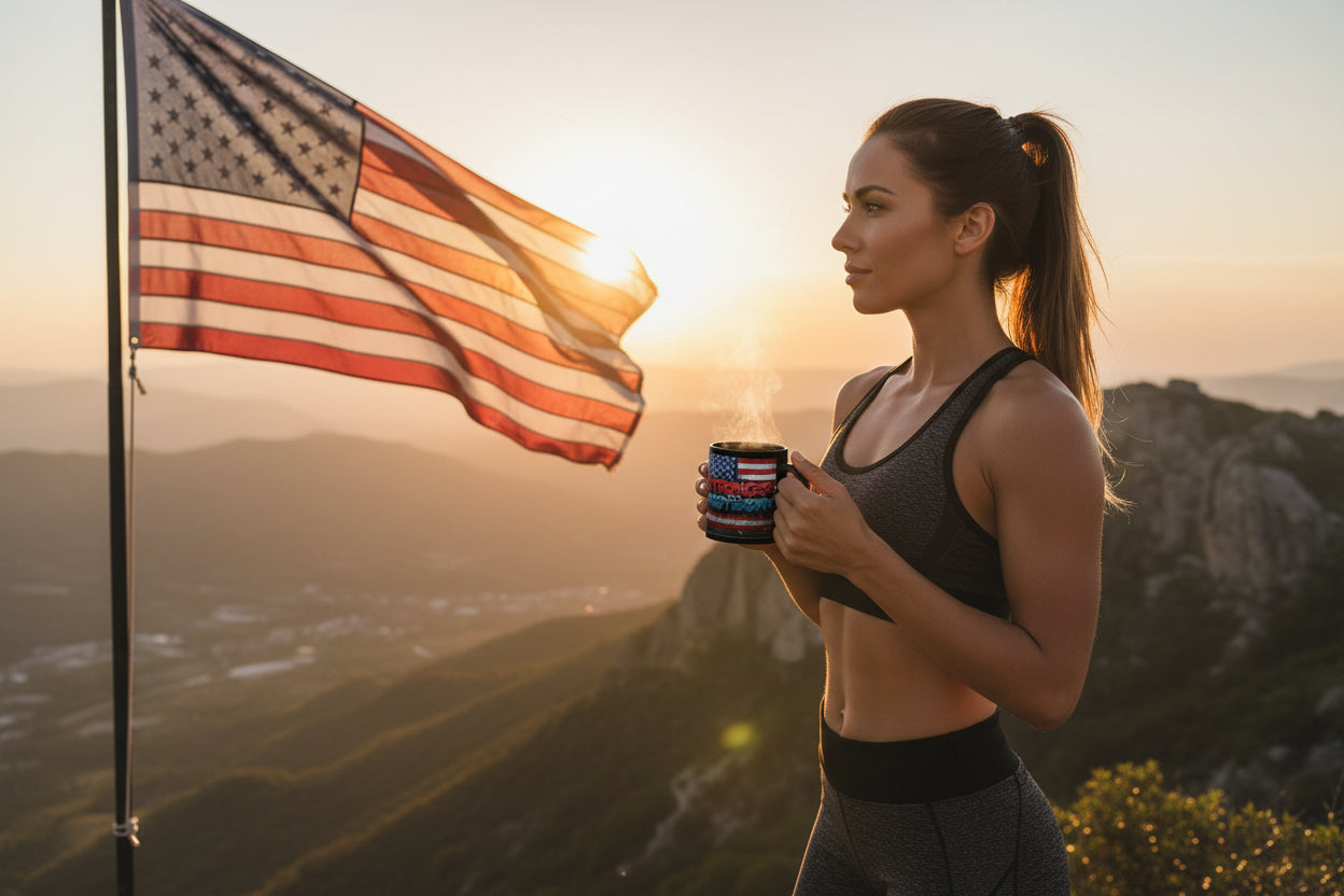 Black mug with an American flag design and a 'Stronger Than Yesterday' text design with a scenic view and American flag background.