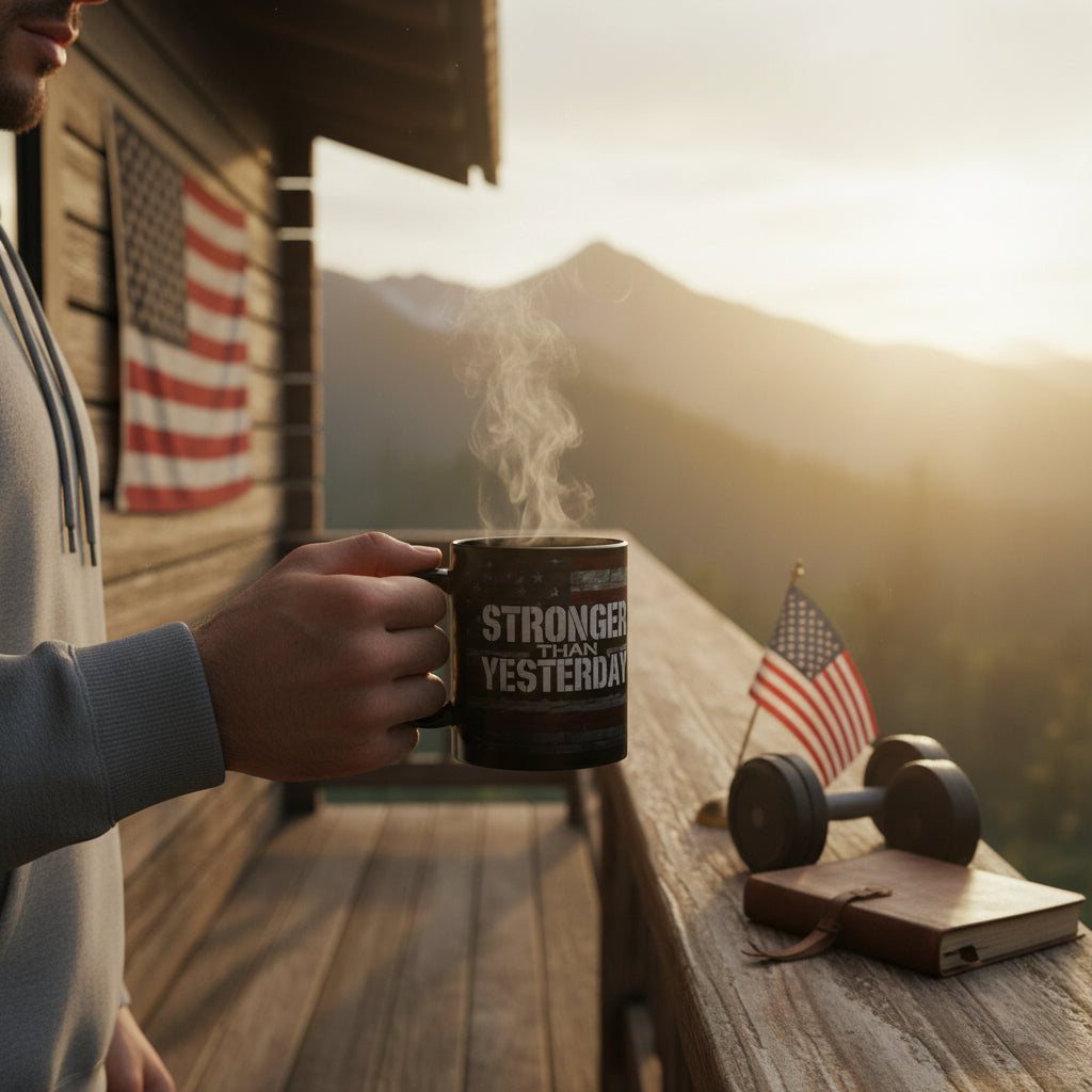 A man holding a mug with 'STRONGER THAN YESTERDAY' text, American flags, and dumbbells on a wooden deck at sunset.