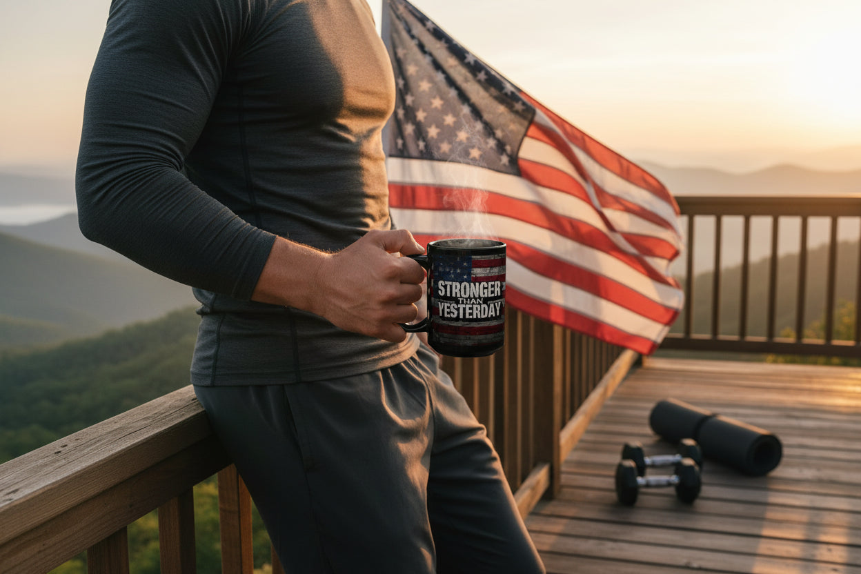 A man holding a mug that says Stronger Than Yesterday with an American flag and mountains in the background.