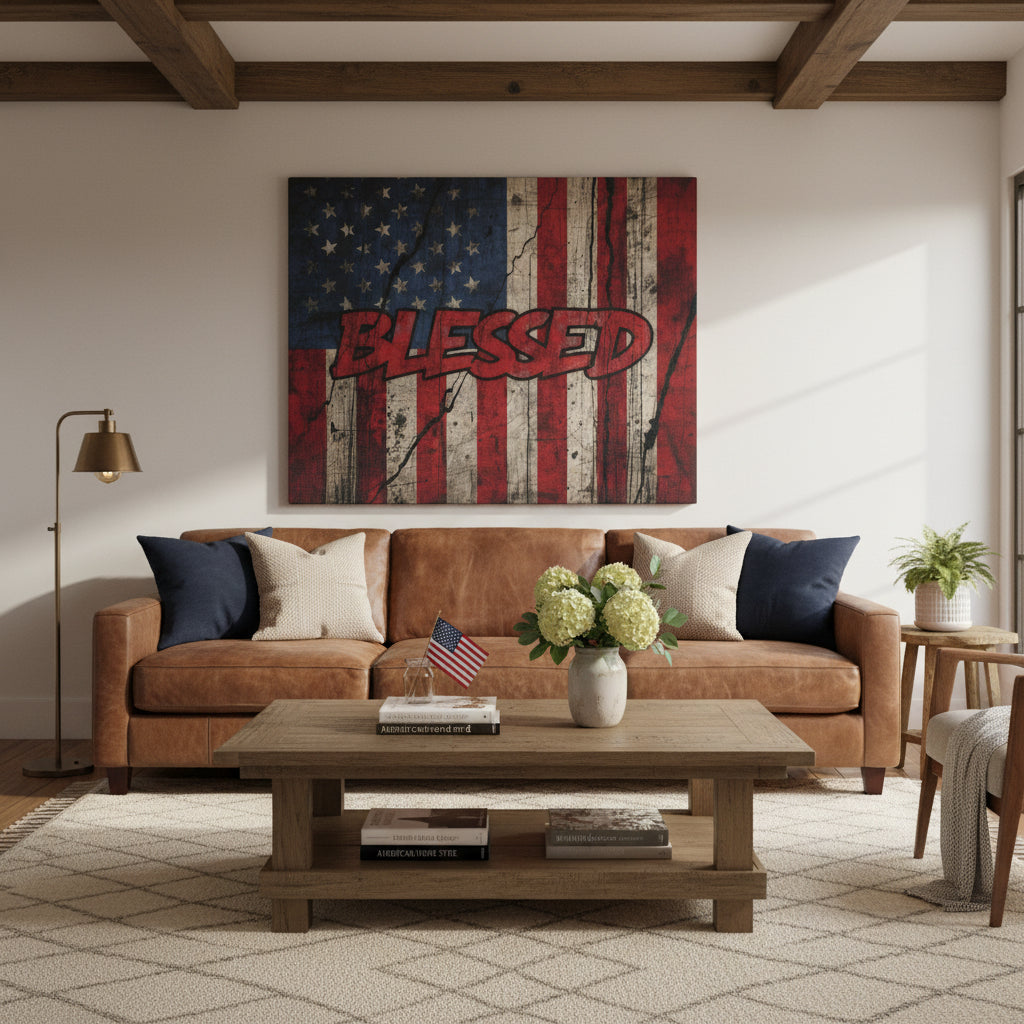 Living room with a brown sofa, wooden coffee table, and gallery-wrapped 'Blessed' vintage American flag canvas wall art.