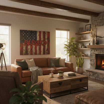 Cozy living room with brown leather sofa, wooden coffee table, and a gallery wrapped Blessed vintage American flag canvas wall art.