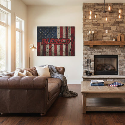 Vintage American flag backdrop with 'BLESSED' text canvas wall art.