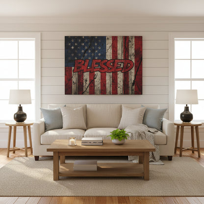 Vintage American flag backdrop with 'BLESSED' text on a canvas wall art.