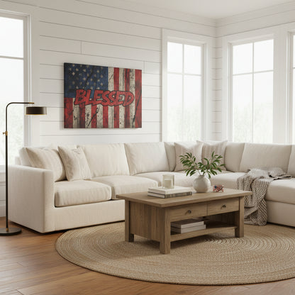 Vintage American flag backdrop with 'BLESSED' text on a canvas wall art.